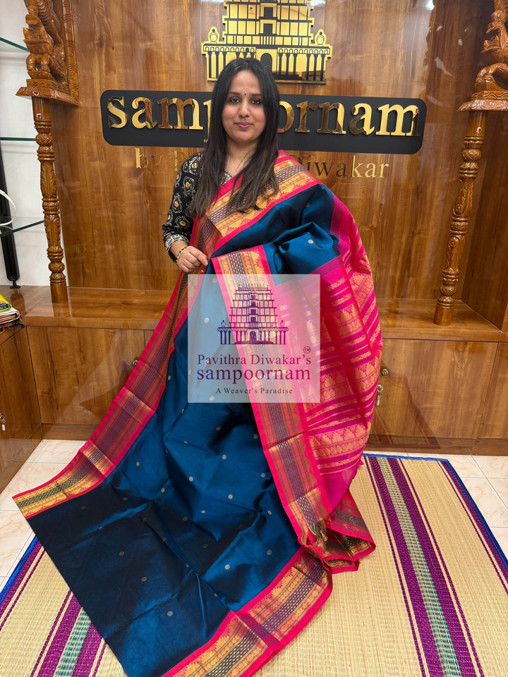 Mayilkazhuthu Blue with Pink, Lakshadeepam rettapet border, Zari Body Butta and Grand Pallu  Korvai Silk Cotton Saree