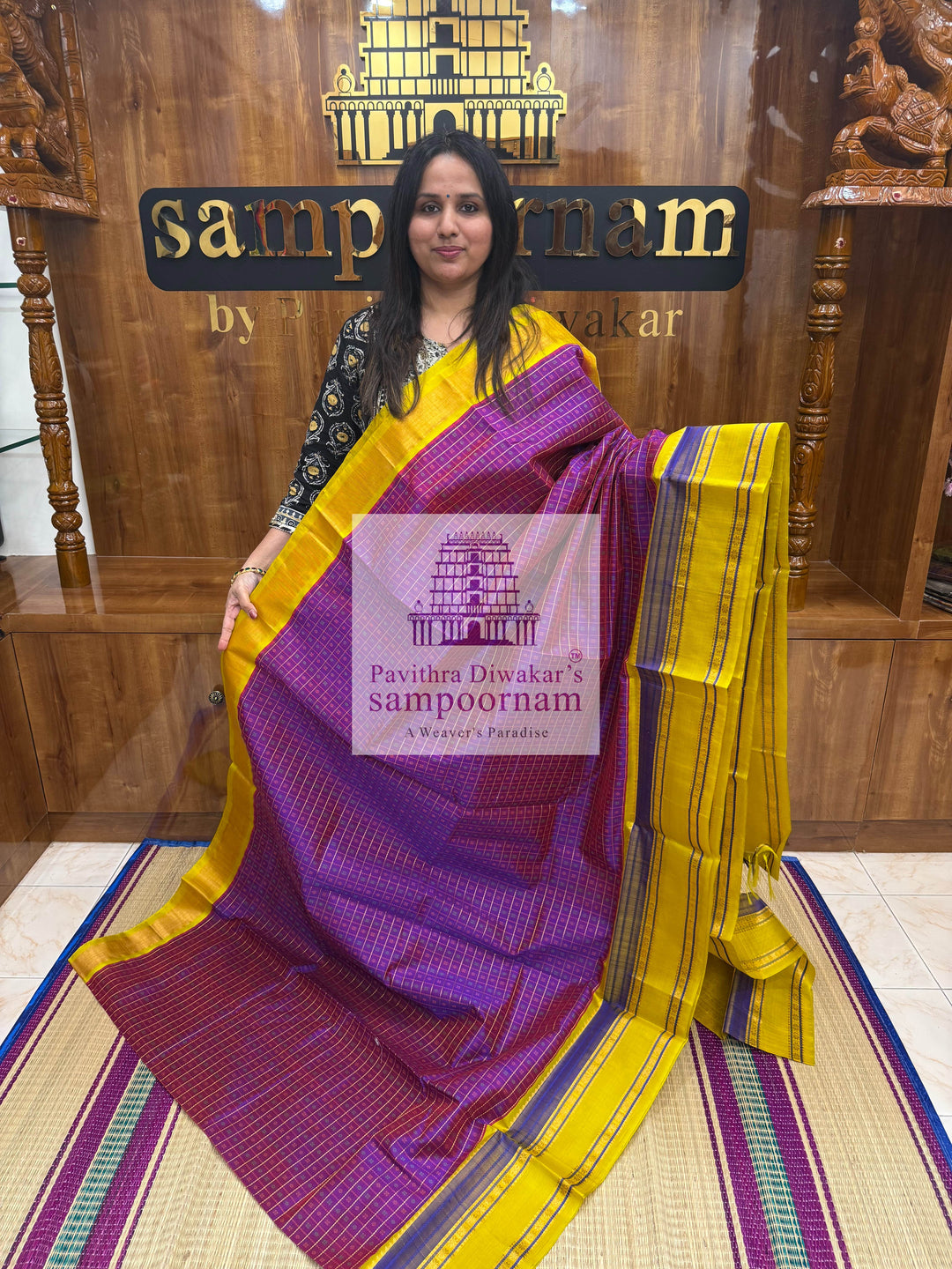 Purple with Lemon Yellow, Lakshadeepam Zari Butta in the Body, Rettapet Border and Grand Pallu ,Korvai Silk Cotton Saree