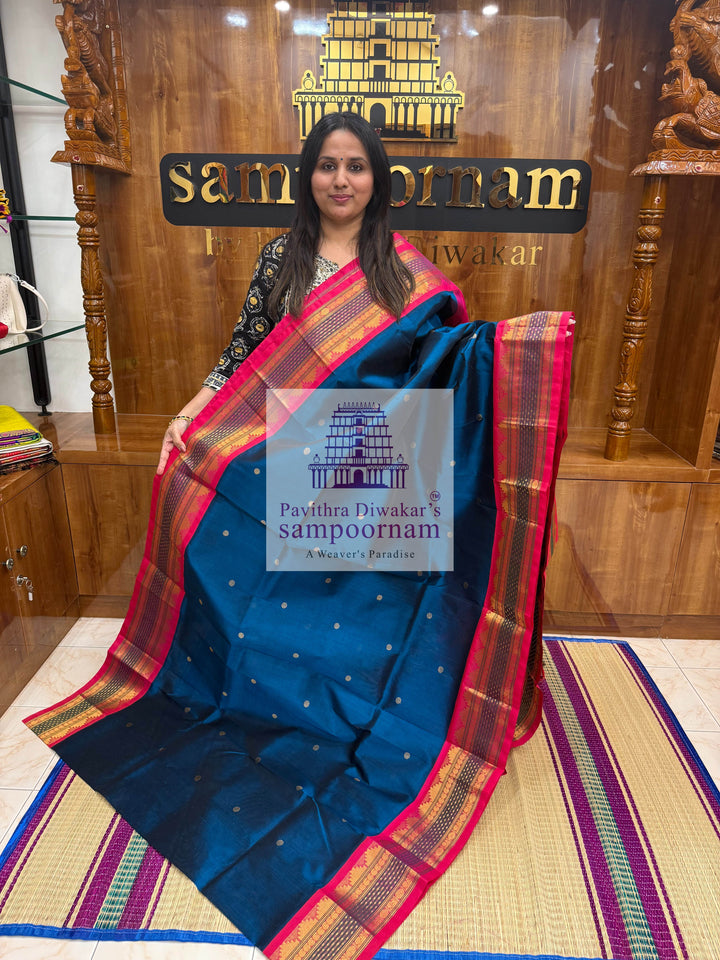 Mayilkazhuthu Blue with Pink, Lakshadeepam rettapet border, Zari Body Butta and Grand Pallu  Korvai Silk Cotton Saree