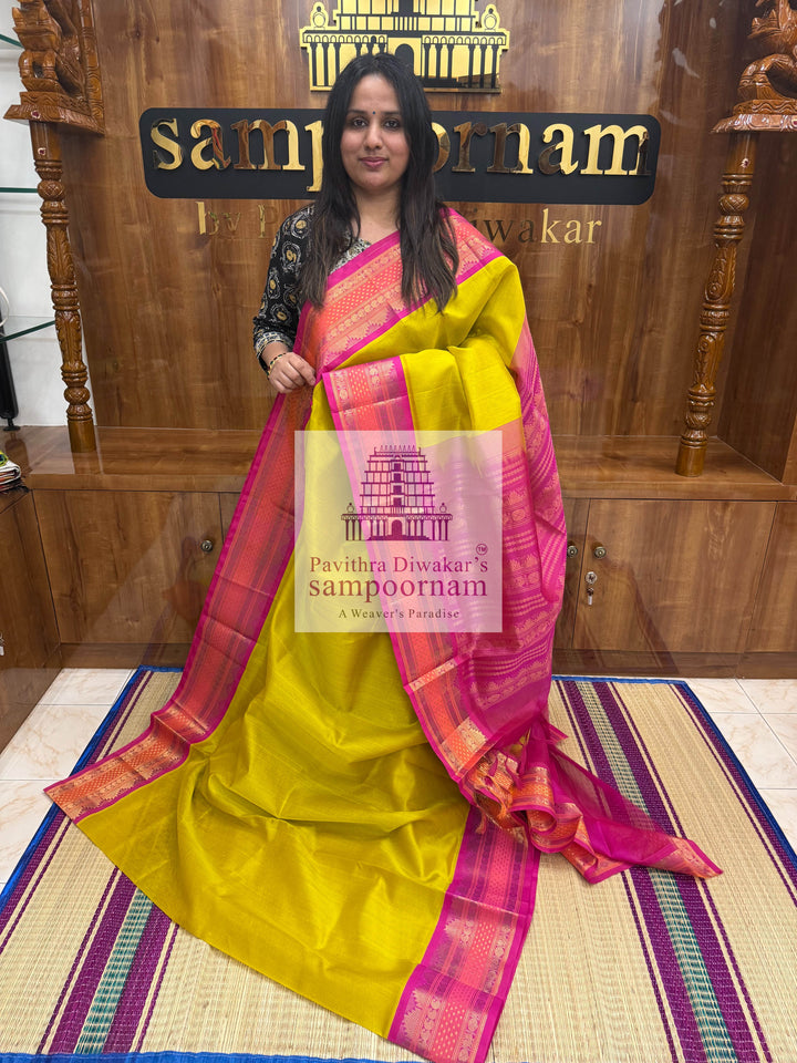 Lemon Yellow with Pink, Traditional Rettapet Border with Lakshadeepam Butta and Grand Pallu Korvai Silk Cotton Saree