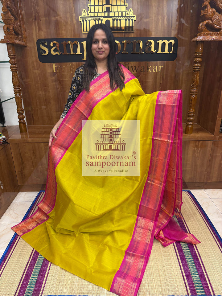 Lemon Yellow with Pink, Traditional Rettapet Border with Lakshadeepam Butta and Grand Pallu Korvai Silk Cotton Saree