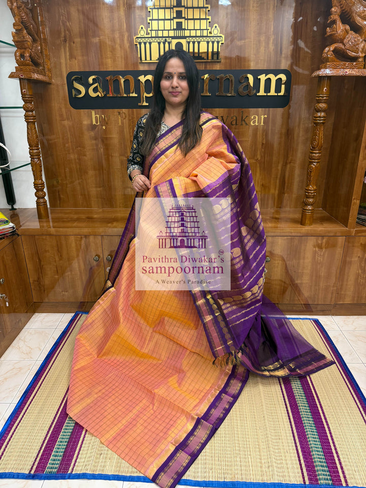 Peach Pink with Blue, Zari Checks in the Body, Rettapet Traditional Borders and Grand Pallu Korvai Silk Cotton Saree