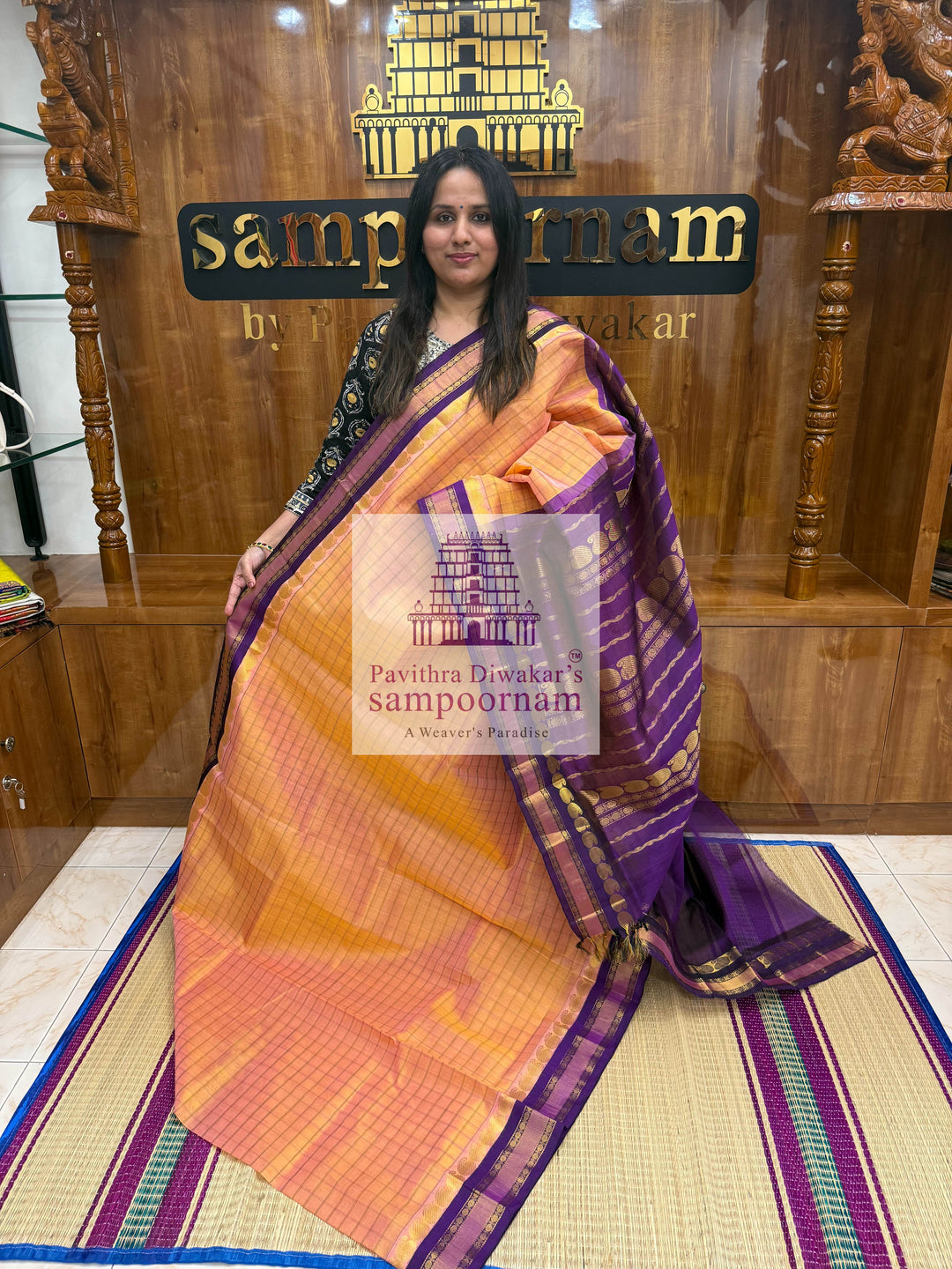 Peach Pink with Blue, Zari Checks in the Body, Rettapet Traditional Borders and Grand Pallu Korvai Silk Cotton Saree
