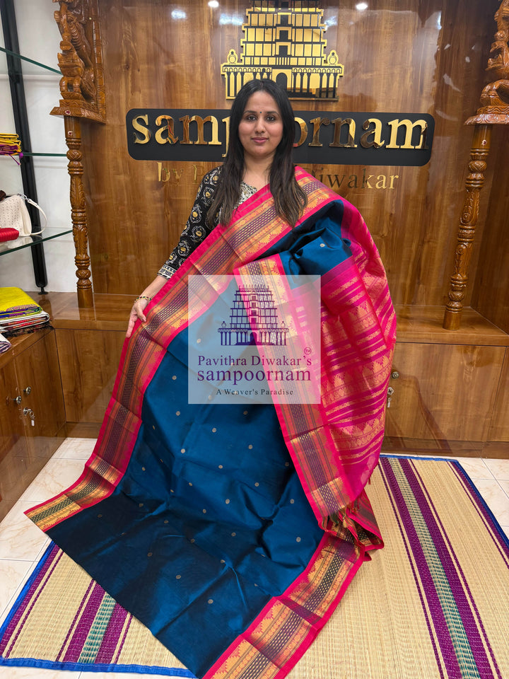 Mayilkazhuthu Blue with Pink, Lakshadeepam rettapet border, Zari Body Butta and Grand Pallu  Korvai Silk Cotton Saree
