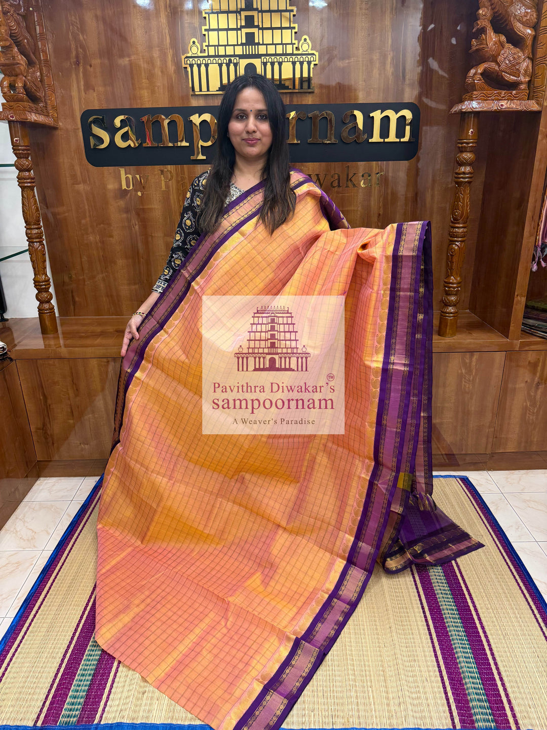 Peach Pink with Blue, Zari Checks in the Body, Rettapet Traditional Borders and Grand Pallu Korvai Silk Cotton Saree