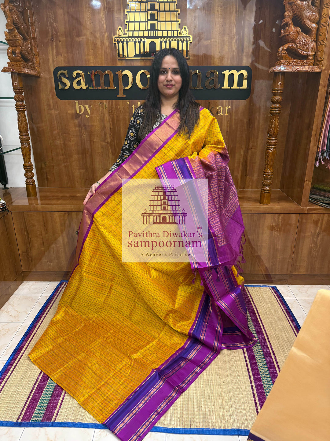 Mambazha manjal with Purple, Traditional Borders, Lakshadeepam thread Butta in the Body and Grand Pallu , Korvai Silk Cotton Saree
