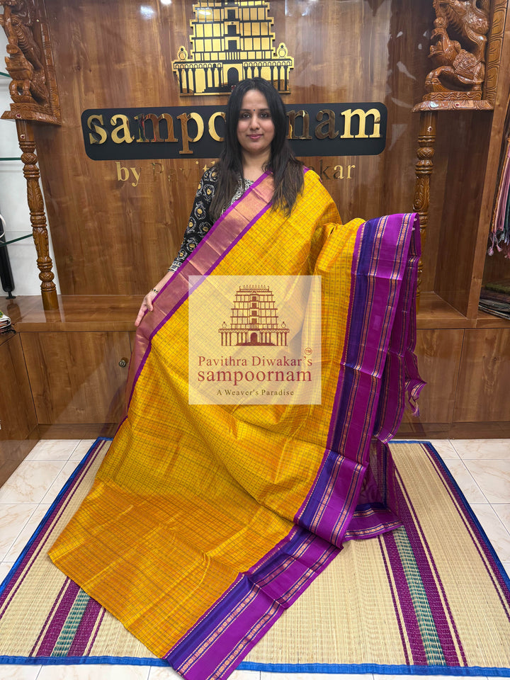 Mambazha manjal with Purple, Traditional Borders, Lakshadeepam thread Butta in the Body and Grand Pallu , Korvai Silk Cotton Saree