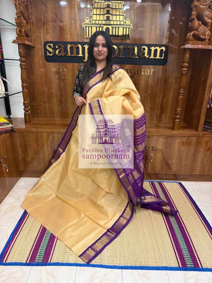 Biscuit with Purple, traditional Borders and Rich Pallu Korvai Silk Cotton Saree