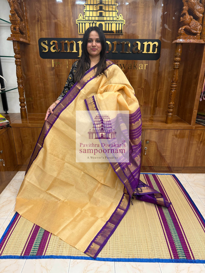 Biscuit with Purple, traditional Borders and Rich Pallu Korvai Silk Cotton Saree