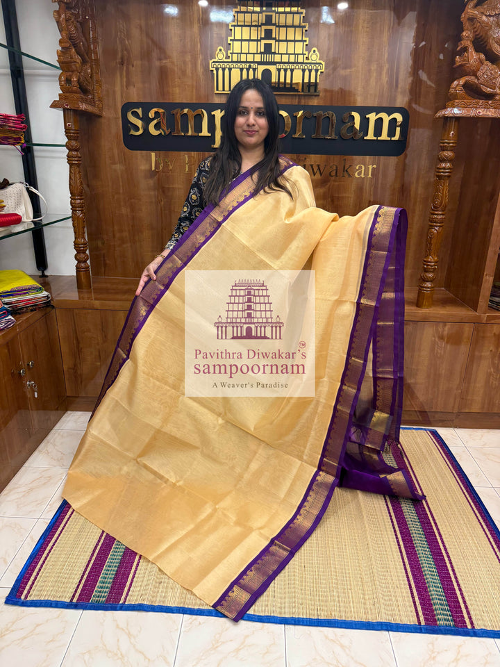 Biscuit with Purple, traditional Borders and Rich Pallu Korvai Silk Cotton Saree