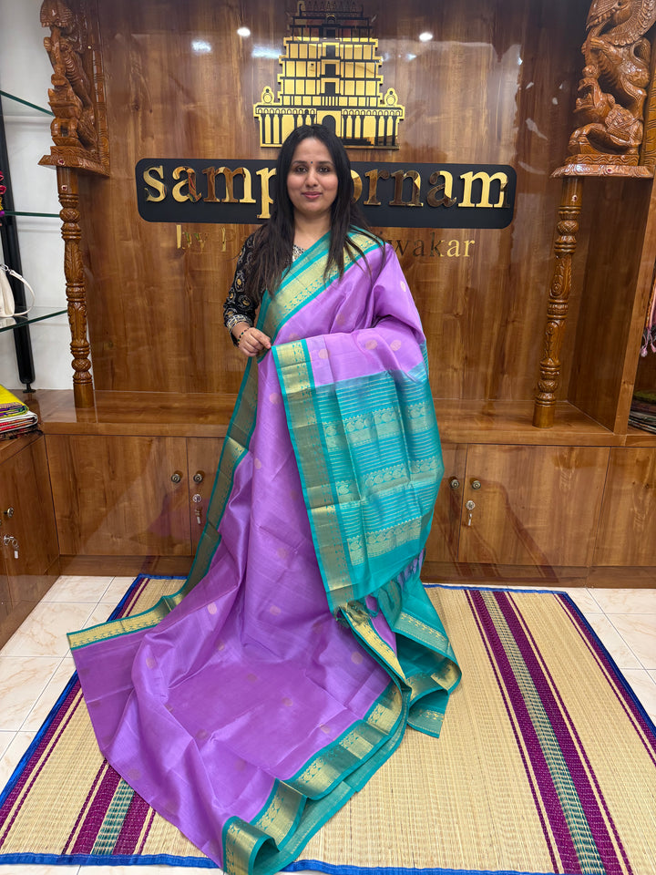 Lavender with Turquoise Blue, Rich Zari Butta in the Body, Traditional Borders and Grand Pallu Korvai Silk Cotton Saree