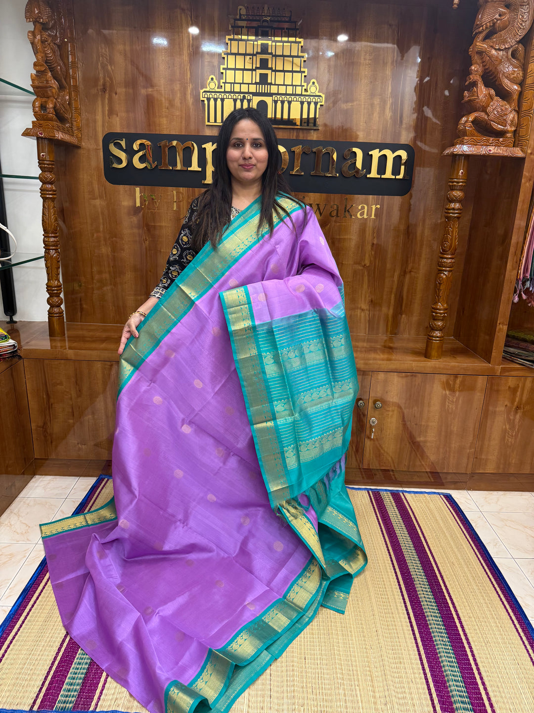 Lavender with Turquoise Blue, Rich Zari Butta in the Body, Traditional Borders and Grand Pallu Korvai Silk Cotton Saree