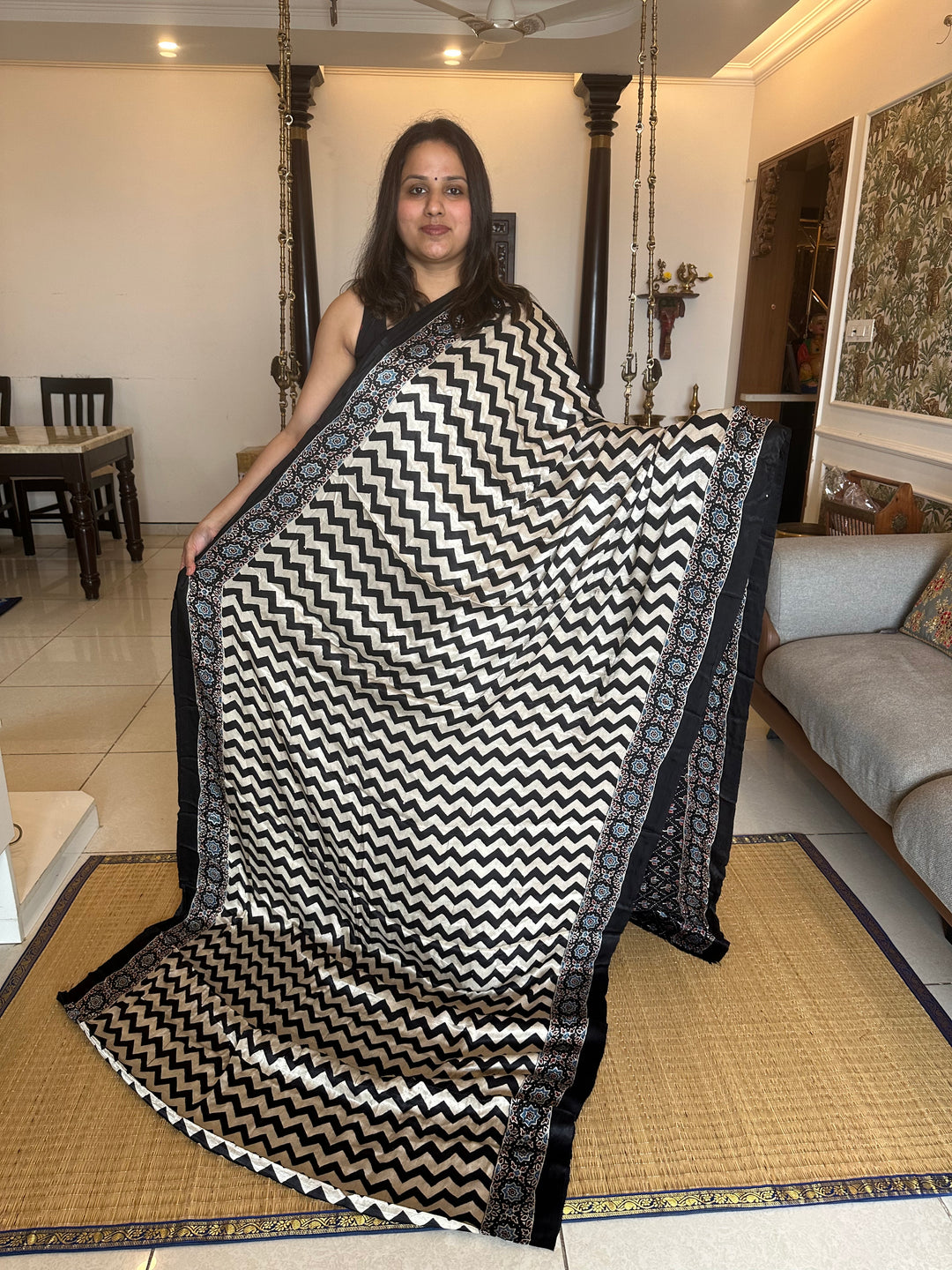 Black and White with Ajrakh Natural Handblock Printed Tissue Pallu Pure Modal Silk Saree