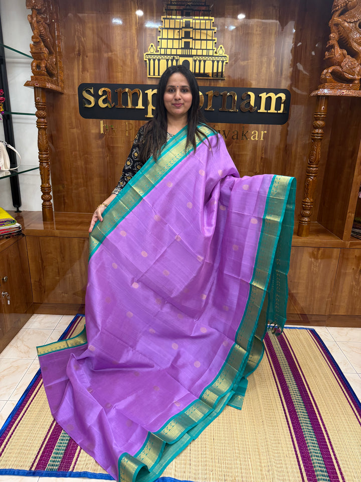 Lavender with Turquoise Blue, Rich Zari Butta in the Body, Traditional Borders and Grand Pallu Korvai Silk Cotton Saree