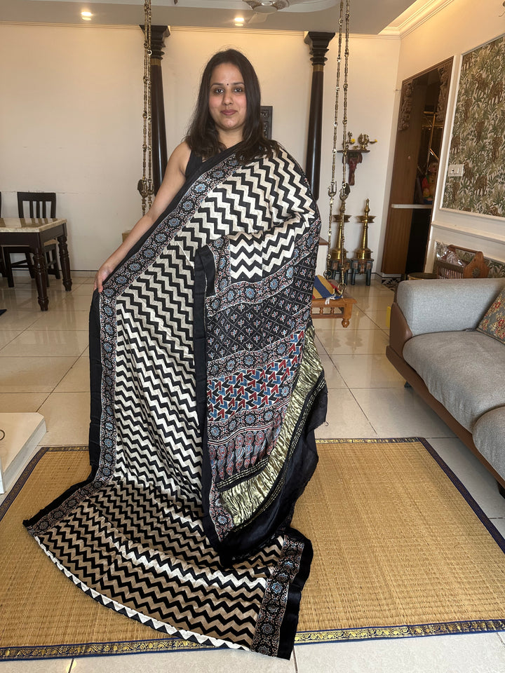 Black and White with Ajrakh Natural Handblock Printed Tissue Pallu Pure Modal Silk Saree