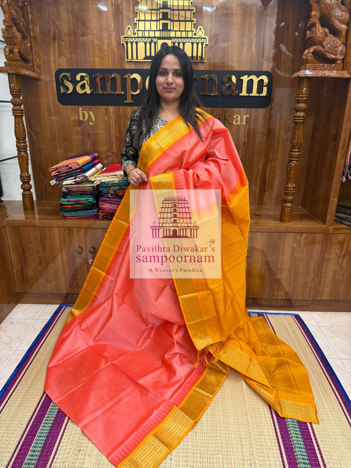 Peach Pink with Mustard , Traditional Temple Border and Grand Pallu Korvai Silk Cotton Saree