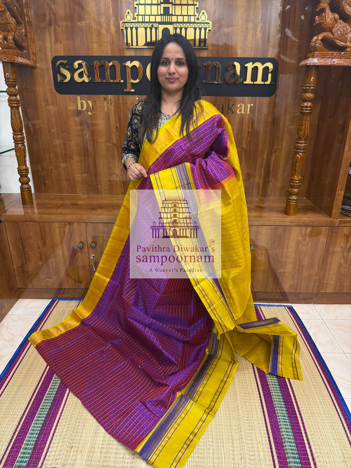 Purple with Lemon Yellow, Lakshadeepam Zari Butta in the Body, Rettapet Border and Grand Pallu ,Korvai Silk Cotton Saree