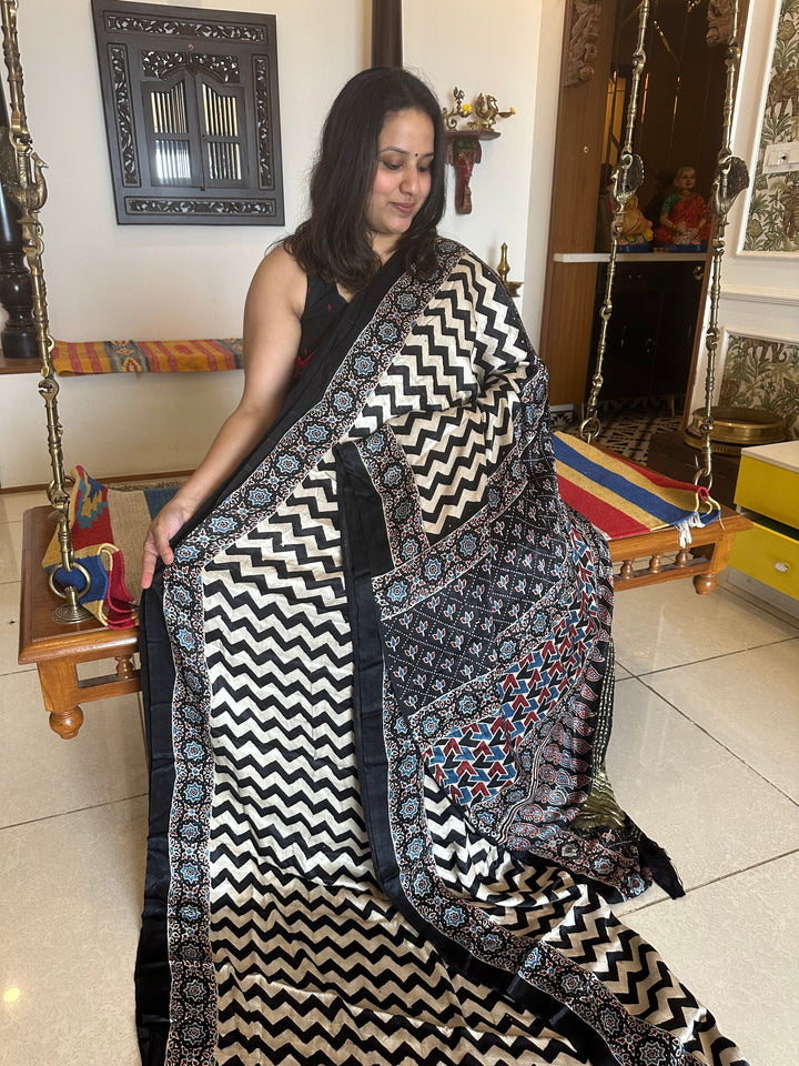 Black and White with Ajrakh Natural Handblock Printed Tissue Pallu Pure Modal Silk Saree