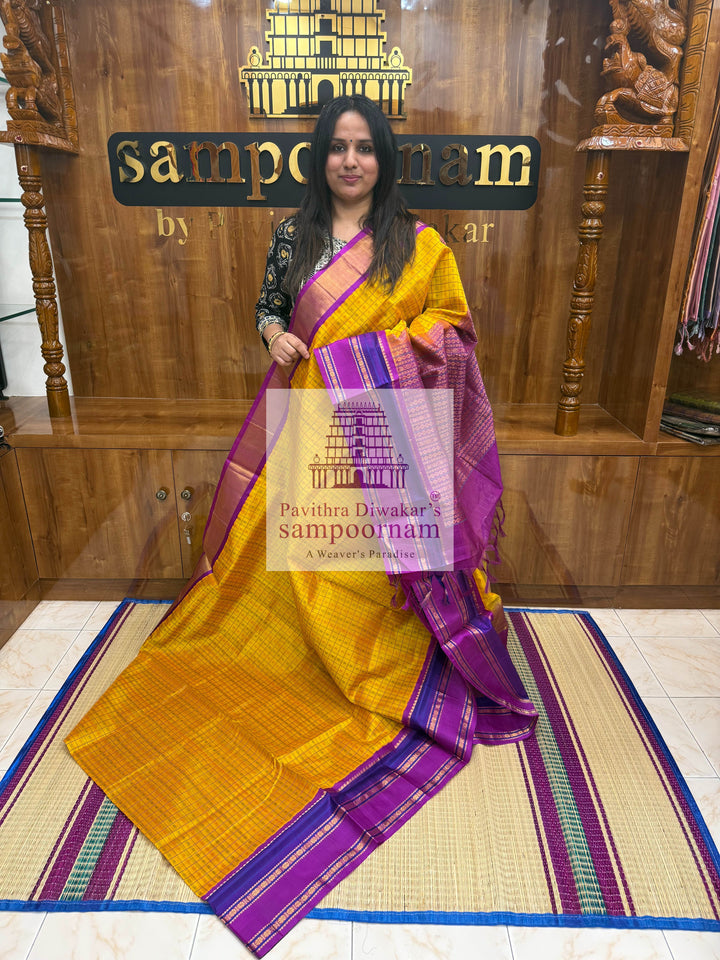 Mambazha manjal with Purple, Traditional Borders, Lakshadeepam thread Butta in the Body and Grand Pallu , Korvai Silk Cotton Saree