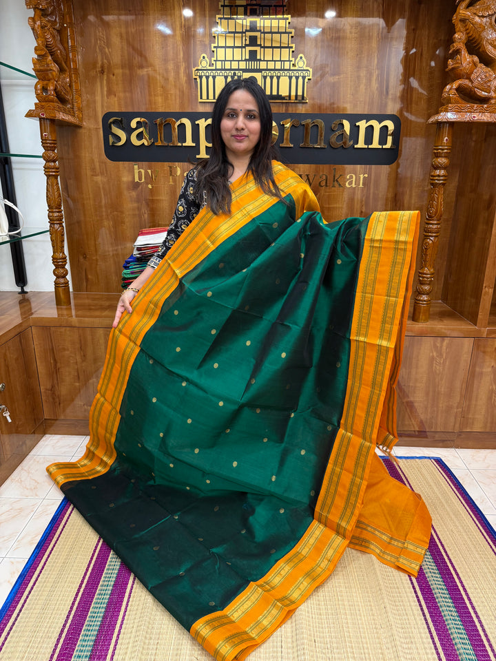 Dark Green with Fenugreek, Rich Zari Butta in the Body, Traditional Rettapet Border and Grand Pallu ,Korvai Silk Cotton Saree