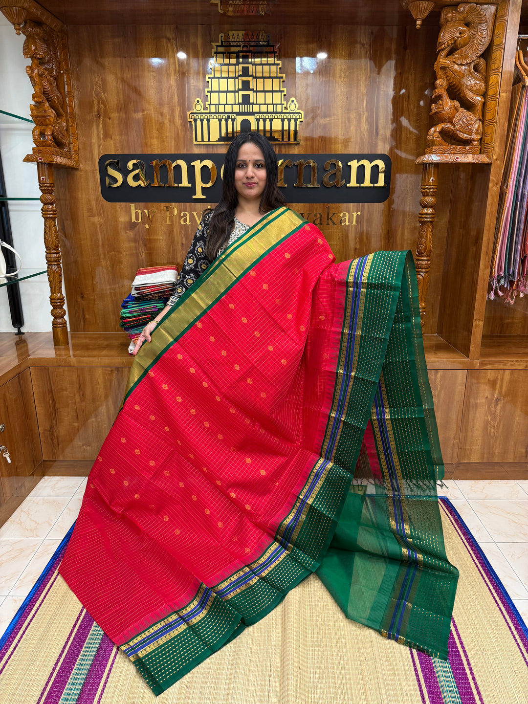 Red with Green, Lakshadeepam One Side Big Border, Zari Body Checks with Butta in the Body and Grand Pallu, Korvai Silk Cotton Saree