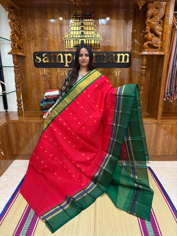Red with Green, Lakshadeepam One Side Big Border, Zari Body Checks with Butta in the Body and Grand Pallu, Korvai Silk Cotton Saree