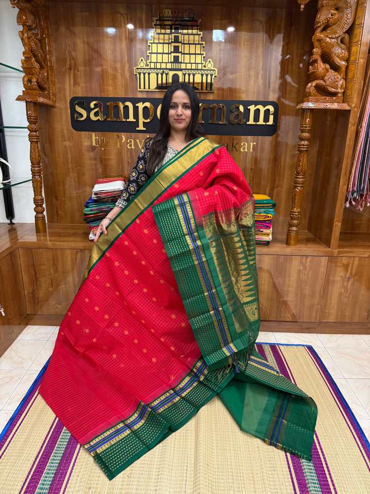 Red with Green, Lakshadeepam One Side Big Border, Zari Body Checks with Butta in the Body and Grand Pallu, Korvai Silk Cotton Saree