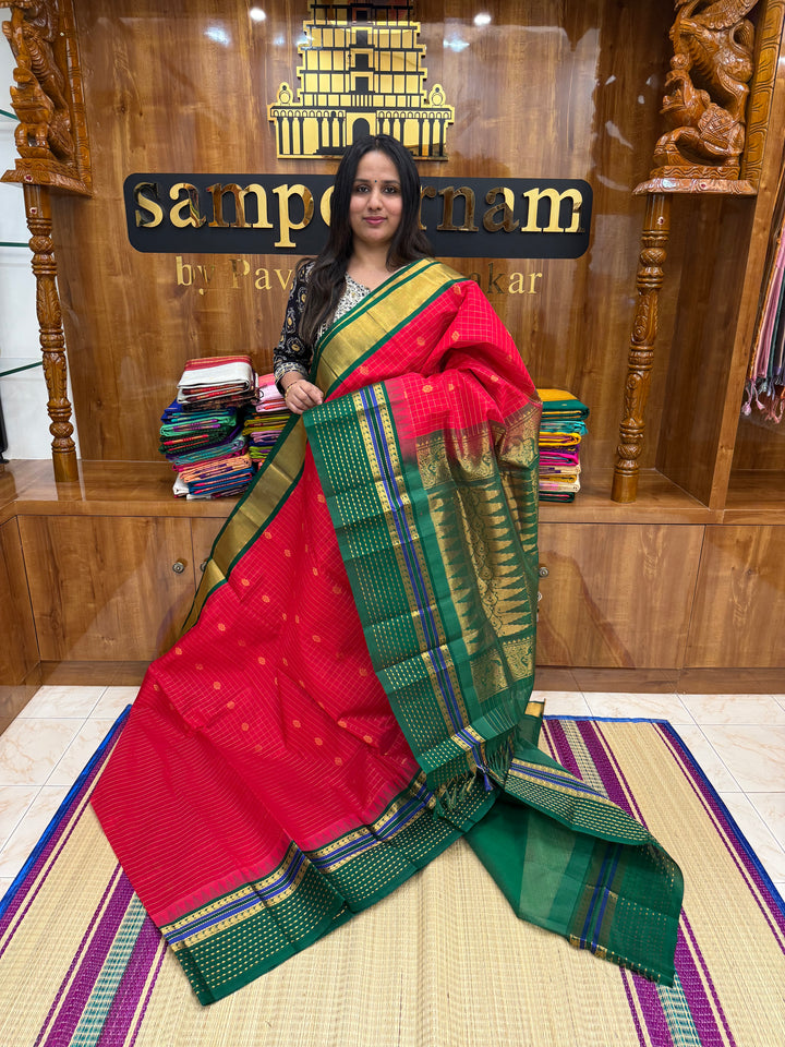 Red with Green, Lakshadeepam One Side Big Border, Zari Body Checks with Butta in the Body and Grand Pallu, Korvai Silk Cotton Saree