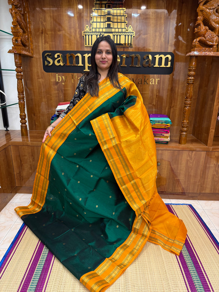 Dark Green with Fenugreek, Rich Zari Butta in the Body, Traditional Rettapet Border and Grand Pallu ,Korvai Silk Cotton Saree