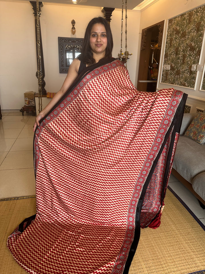 Red Ajrakh Natural Handblock Printed Tissue Pallu Pure Modal Silk Saree