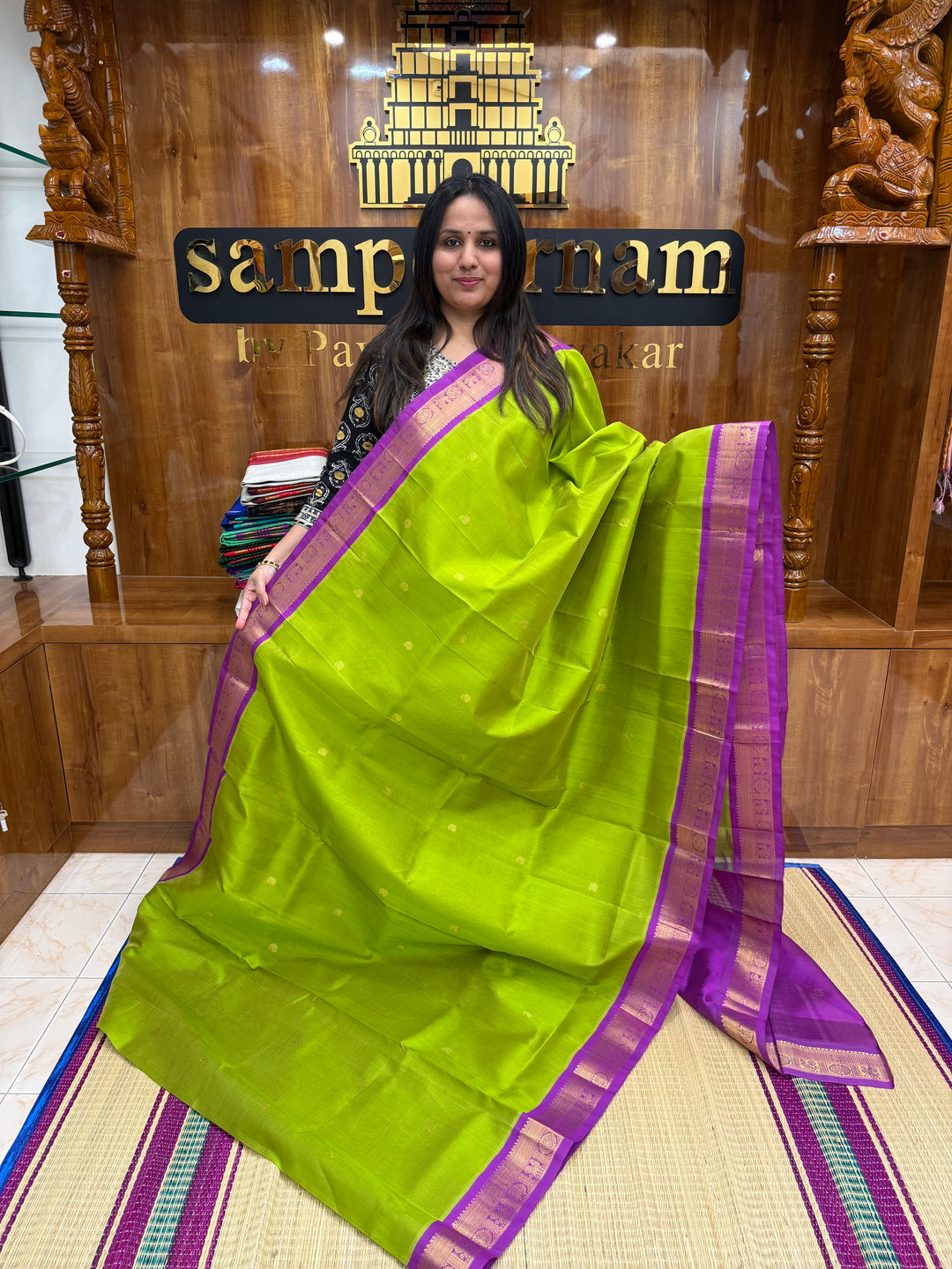 Parrot Green with Purple, Rich Zari Butta in the Body, traditional Borders and Grand Pallu, Korvai Silk Cotton Saree