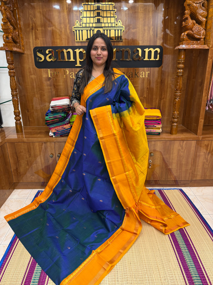 MS Blue with Mustard, Traditional rettapet Border, Mango butta in the Body and Grand Pallu , Korvai Silk Cotton Saree