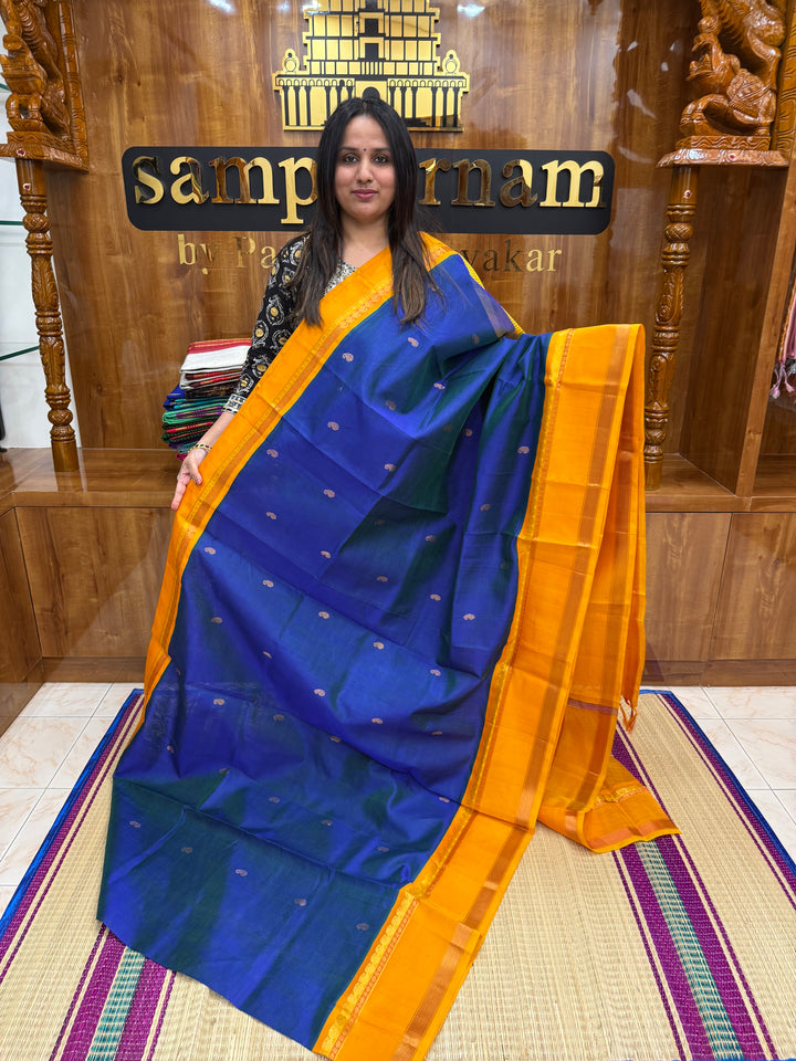 MS Blue with Mustard, Traditional rettapet Border, Mango butta in the Body and Grand Pallu , Korvai Silk Cotton Saree