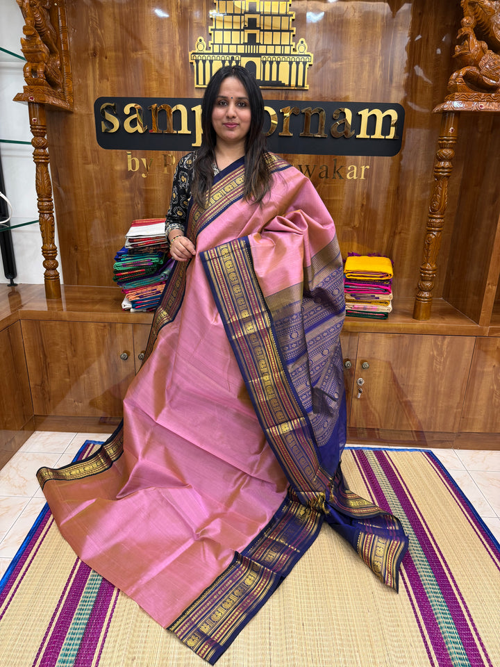 Muave with Indigo Blue, traditional Kanchi Borders and Grand Pallu Korvai Silk Cotton Saree