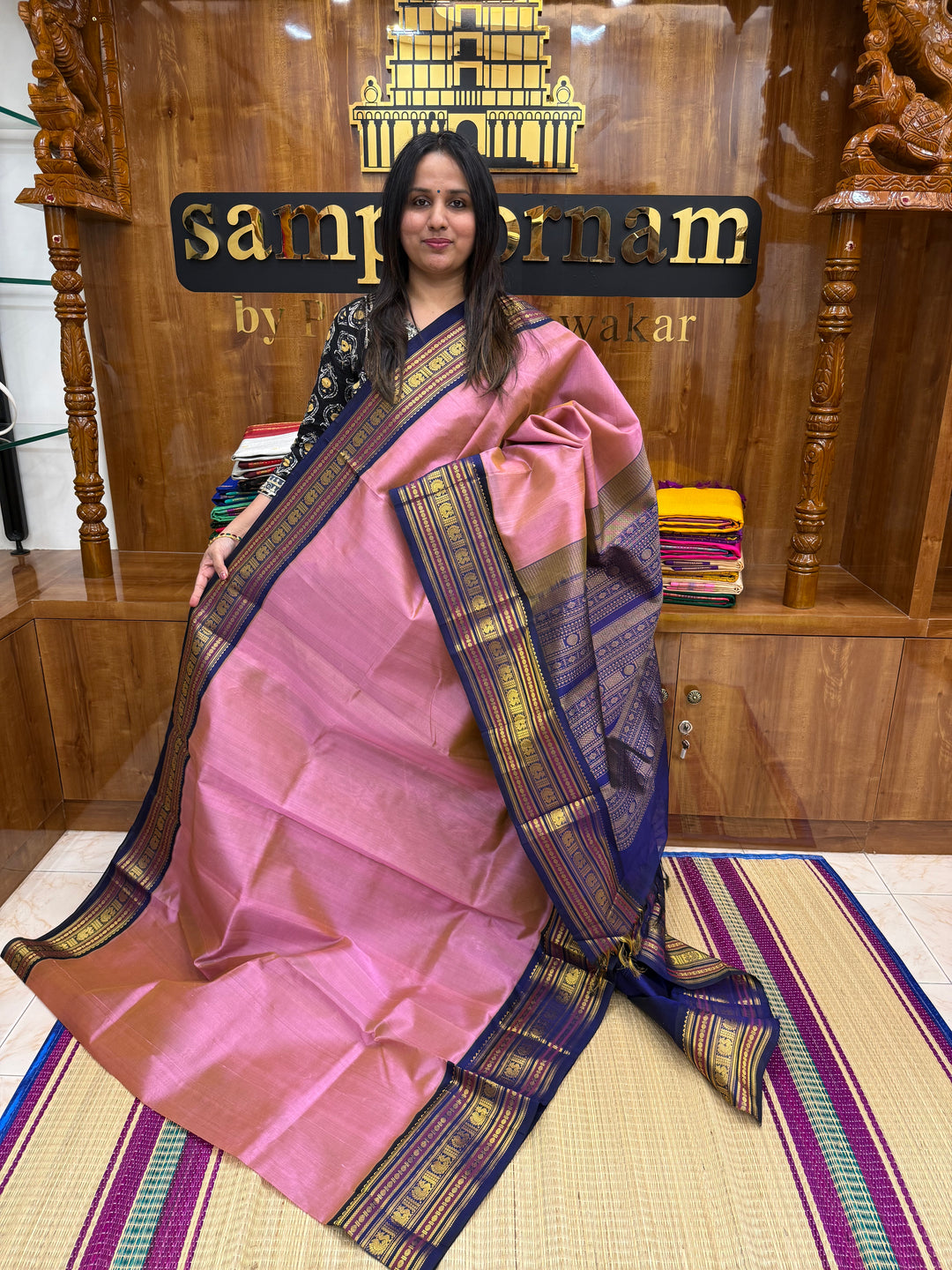 Muave with Indigo Blue, traditional Kanchi Borders and Grand Pallu Korvai Silk Cotton Saree
