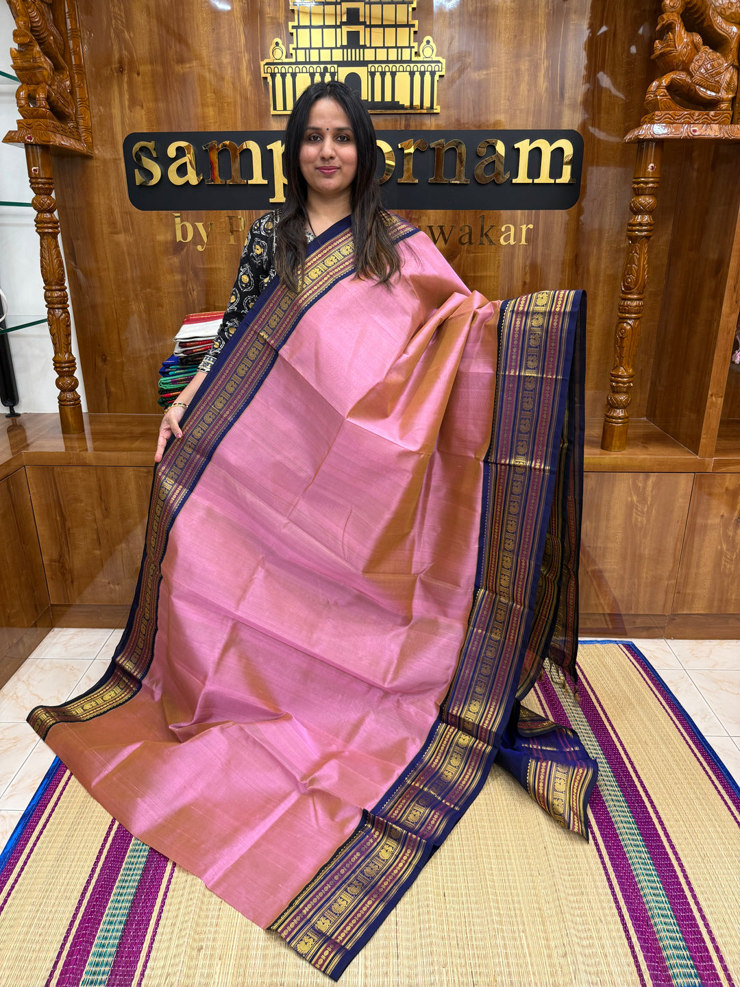 Muave with Indigo Blue, traditional Kanchi Borders and Grand Pallu Korvai Silk Cotton Saree