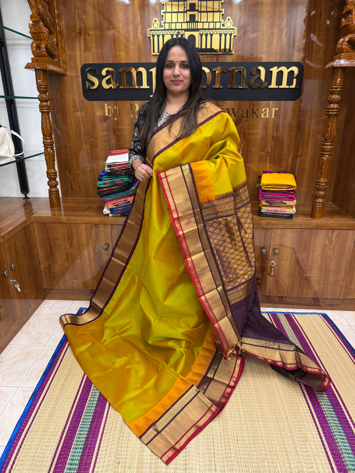 Manthulir Green with Brown, One Side Big Temple Border, Grand Pallu , Korvai Silk Cotton Saree