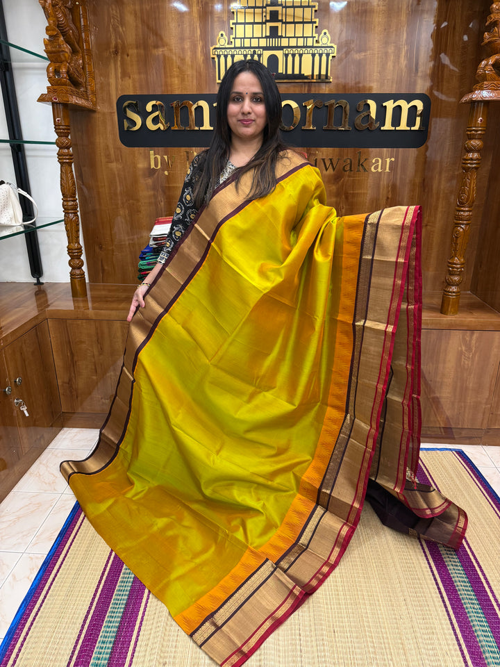 Manthulir Green with Brown, One Side Big Temple Border, Grand Pallu , Korvai Silk Cotton Saree