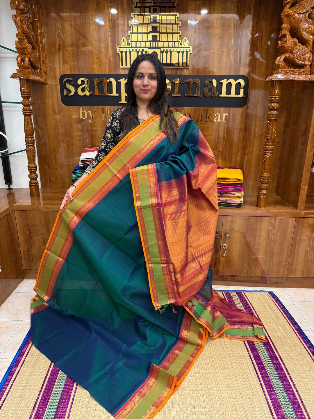 Mayilkazhuthu green with Dark rust Orange, rettapet Border and Grand Pallu , Korvai Silk Cotton Saree