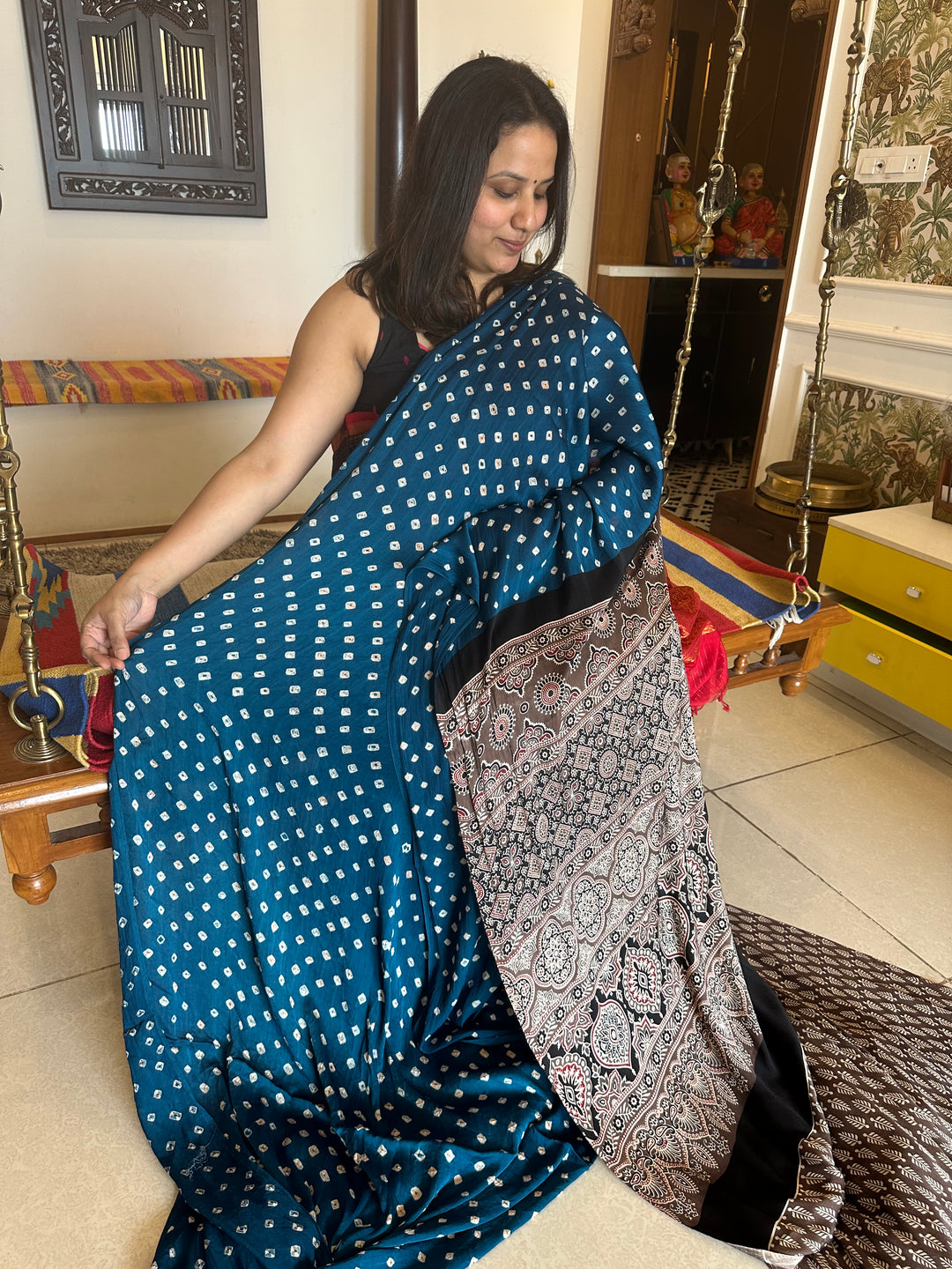 Greenish Blue Bhandej with Ajrakh Natural Handblock Printed Pure Modal Silk Saree