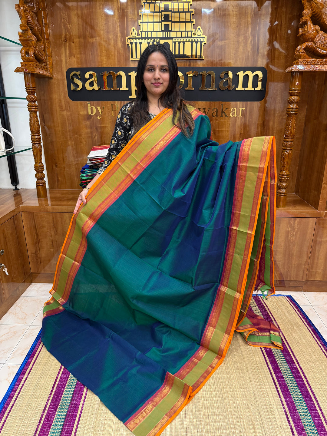 Mayilkazhuthu green with Dark rust Orange, rettapet Border and Grand Pallu , Korvai Silk Cotton Saree