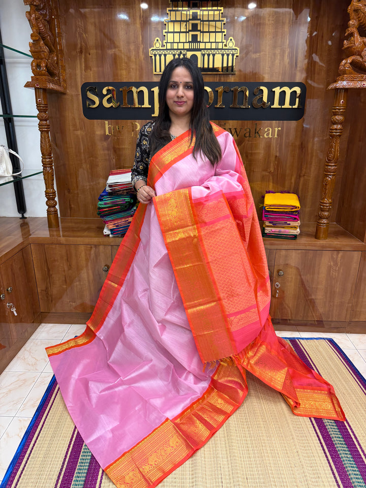 Pastel Pink with Orange, Rich One Side Big Kanchi Border and Grand Pallu ,Korvai Silk Cotton Saree