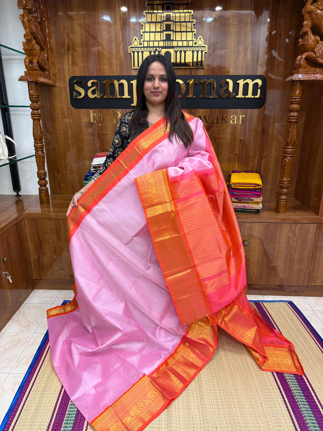 Pastel Pink with Orange, Rich One Side Big Kanchi Border and Grand Pallu ,Korvai Silk Cotton Saree