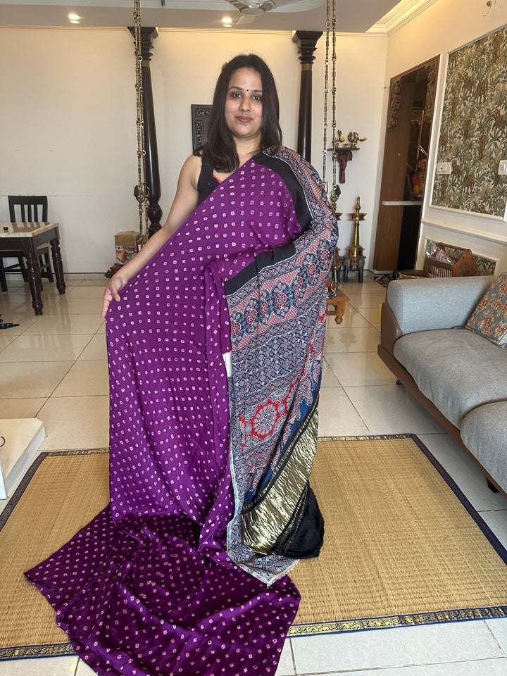 Purple Bhandej with Ajrakh Natural Handblock Printed Tissue Pallu Pure Modal Silk Saree