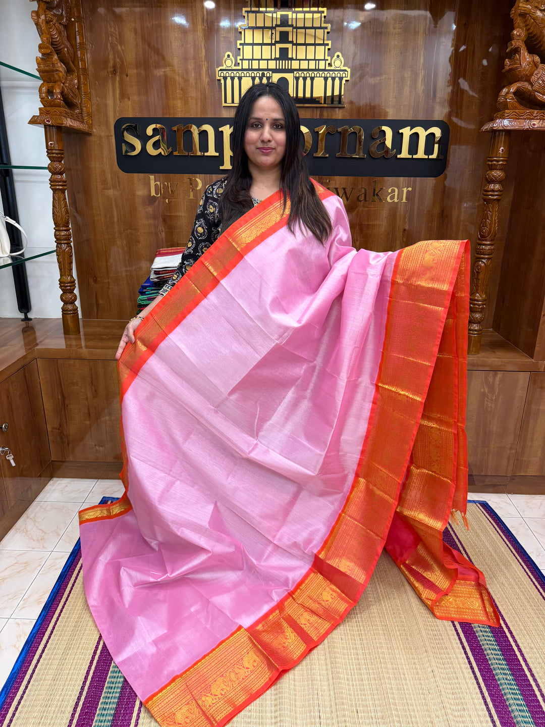 Pastel Pink with Orange, Rich One Side Big Kanchi Border and Grand Pallu ,Korvai Silk Cotton Saree