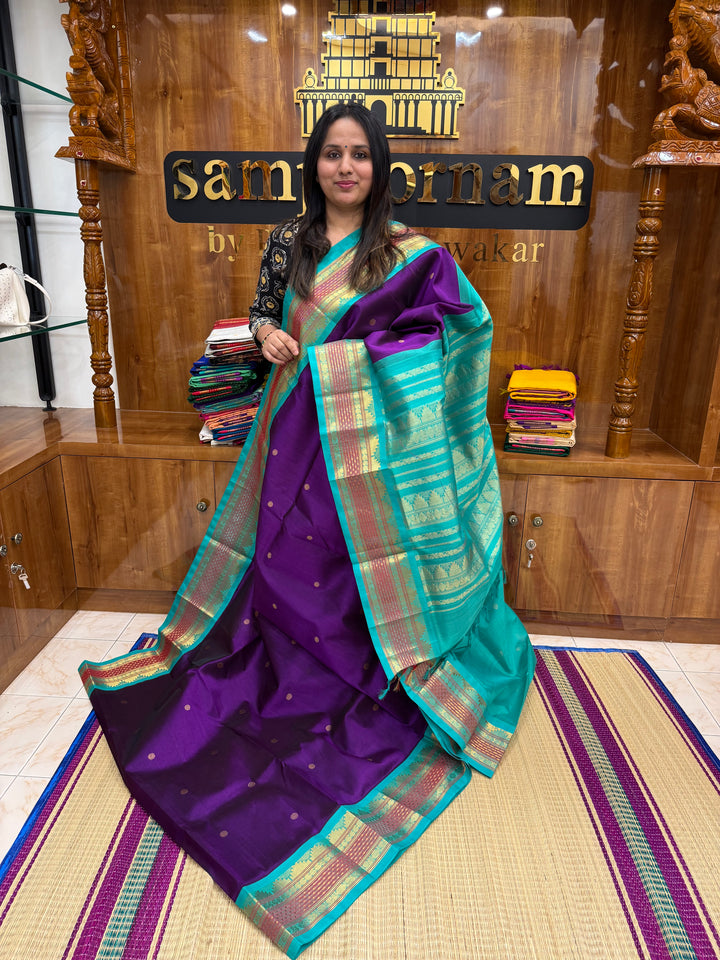 Purple with Turquoise Blue, Rettapet Lakshadeepam Border , Zari Butta in the Body and Grand Pallu , Korvai Silk Cotton Saree
