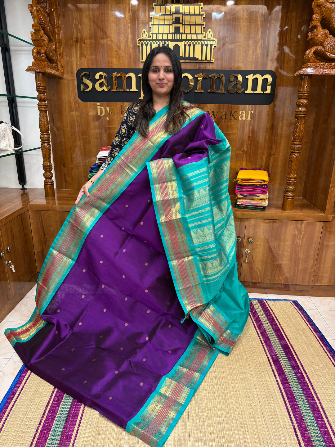 Purple with Turquoise Blue, Rettapet Lakshadeepam Border , Zari Butta in the Body and Grand Pallu , Korvai Silk Cotton Saree