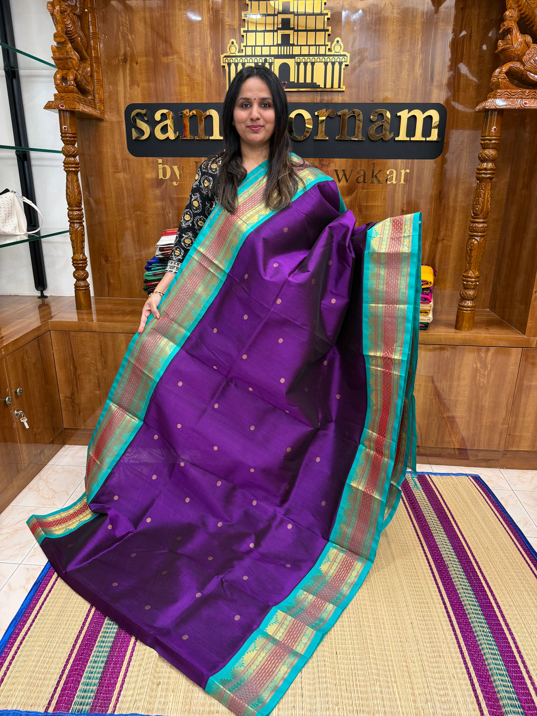 Purple with Turquoise Blue, Rettapet Lakshadeepam Border , Zari Butta in the Body and Grand Pallu , Korvai Silk Cotton Saree