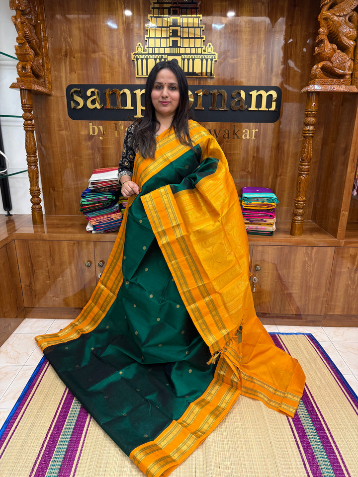 Dark Green with Fenugreek, Rich Zari Butta in the Body, Traditional Rettapet Border and Grand Pallu ,Korvai Silk Cotton Saree