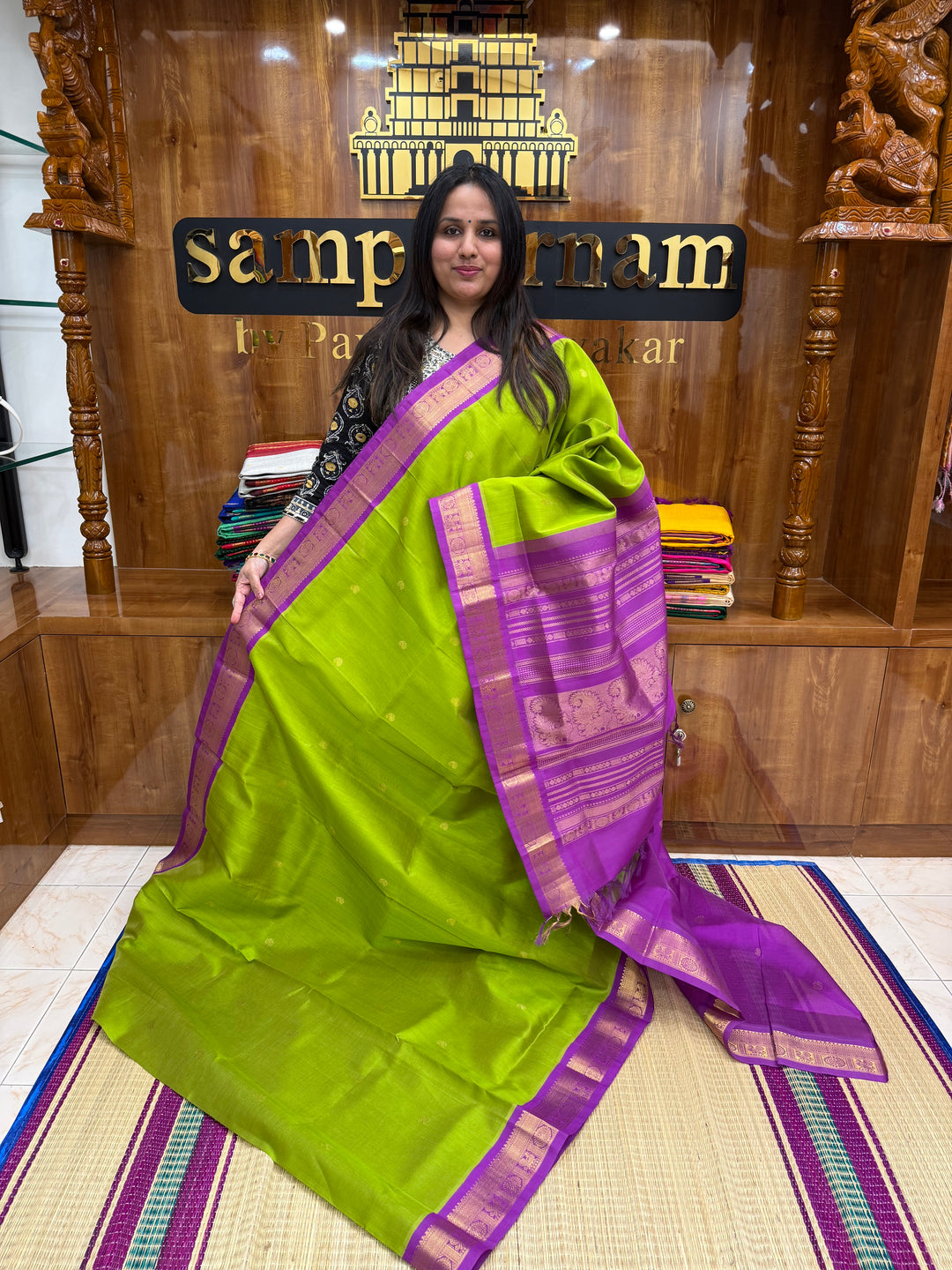Parrot Green with Purple, Rich Zari Butta in the Body, traditional Borders and Grand Pallu, Korvai Silk Cotton Saree
